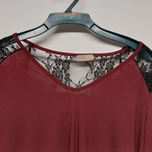 Liz in LA Maroon Long Sleeve XL Shirt Lace Shoulders And Back V-Neck Pullover - Picture 3 of 9